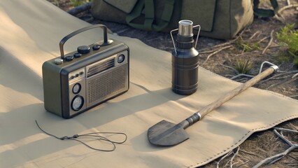 A vintage radio, metal water bottle, and small shovel rest on a mat outdoors, suggesting a camping or survival setup.