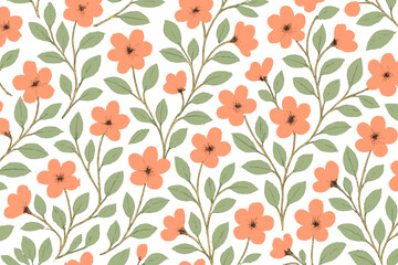 Beautiful floral pattern featuring peach flowers and green leaves on a light background