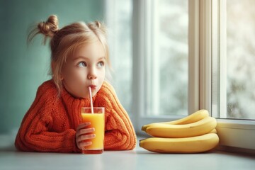 A little girl in an orange sweater drinks juice from a glass with a straw and looks out the window. Next to her are some bananas on a table, close-up shot, with soft light and a bright background.