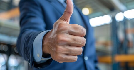 Confident Business Professional Giving Thumbs Up Gesture in Busy Warehouse Shipping Environment