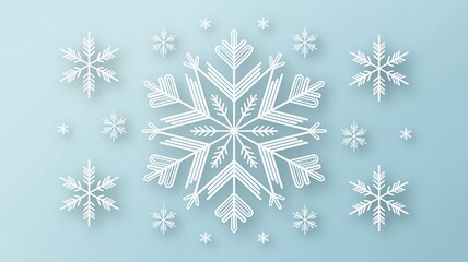 Elegant white snowflakes on a light blue background, a winter design.