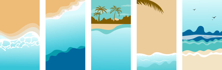 A collection of five vertical vector illustrations depicting various beach scenes. Ideal for summer vacation banners, social media stories, and travel posters. © JustPrint