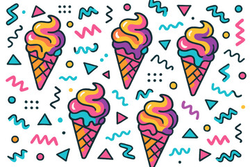 Colorful ice cream cones against a vibrant, abstract background filled with playful shapes and patterns
