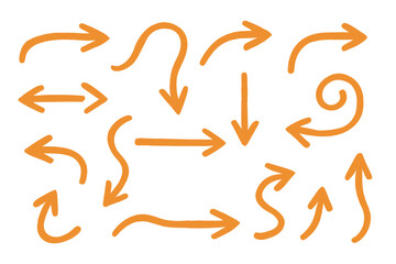 Collection of orange arrows and swirls on a white background for design and illustration purposes