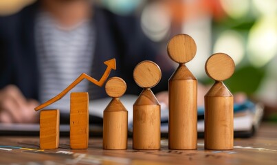 Wooden Family Figures Displayed on Bar Chart Background Depicting Increasing Birth Rate Demographic Growth Trends