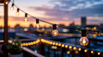 String lights illuminate a rooftop at sunset, creating a warm and inviting atmosphere.