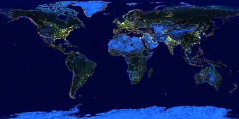 5K - 3D world maps using data from Sentinel-2 imagery and Mapzen Global Terrain. Includes topographic, elevation, and night views for educational or visual purposes.