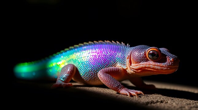 A captivating close-up of a pink lizard with iridescent scales, resting on a rock against a black background