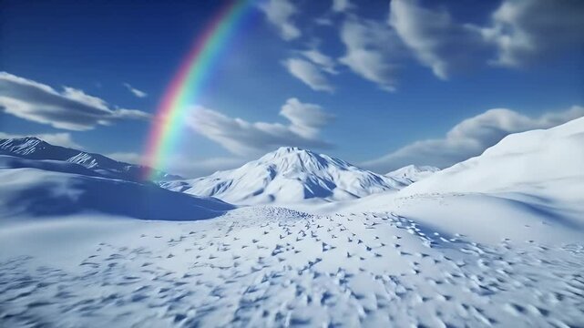 Rainbow stretching over icy mountain