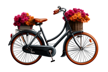 A vintage bicycle with basket and flowers, isolated on transparent background