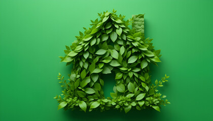 Leaf-formed eco house illustration on a lush green backdrop, representing renewable energy, low-impact homes, and environmentally conscious lifestyles.