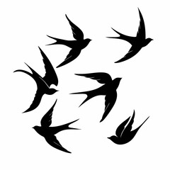 Soaring Silhouette: A striking illustration of graceful swallows in flight, depicted as elegant black silhouettes against a stark backdrop. Evoking freedom, movement, and the beauty of avian life.
