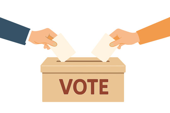 Voting process with two hands casting ballots into a box at a polling station during an election