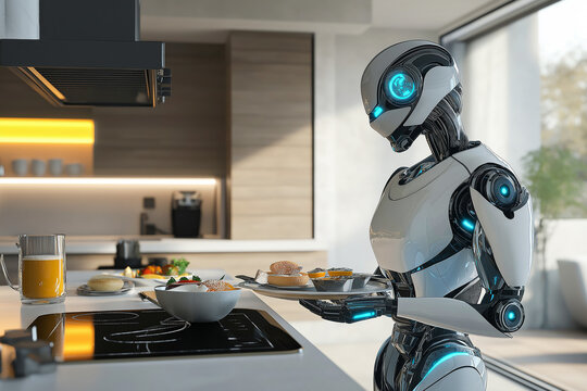 Humanoid robot preparing breakfast in a modern kitchen.