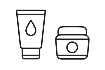Simple line drawing of skincare products on a white background showcasing a tube and a jar of cream