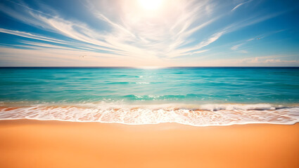 Fototapeta premium Serene Seaside: A tranquil coastal scene where the azure sea meets a sandy shore beneath a sunlit sky. Capturing the beauty of the open ocean and summer.