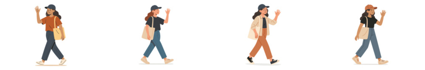 Walking young adults in casual attire enjoy a sunny afternoon while carrying bags and waving to each other