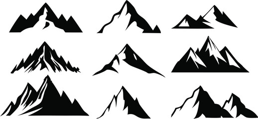 Isolated black and white vector of mountain tips with minimal line art, rugged and simple for nature and exploration themes.”
