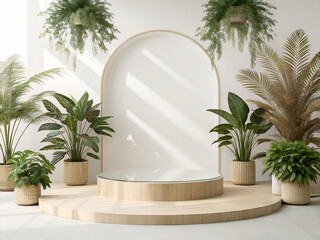 Minimalist wooden display platform with lush greenery and archway background