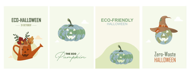 Eco-Friendly Halloween Zero-Waste Celebration Design Elements Collection. eco-Halloween design set. environmentally conscious October celebrations. Sustainable holidays.Flat style. Vector illustration