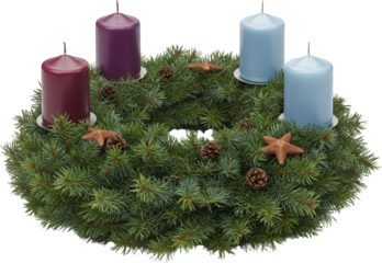 Advent Wreath with Purple and Blue Candles Evergreen Branches and Star Ornaments