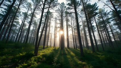 Obraz premium Sunlit Forest Canopy: Sunlight filtering through tall trees in a dense forest creating a beautiful display of nature.