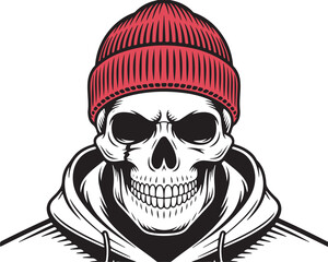 Skull in Beanie and Hoodie – Grunge Streetwear Skull Vector Illustration | Detailed Illustration of a Grim Skull Wearing a Beanie and Hoodie