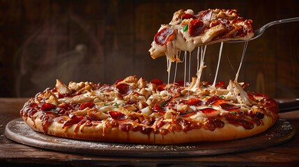 Pizza slice with melted cheese.  A  delicious pizza with chicken and pepperoni