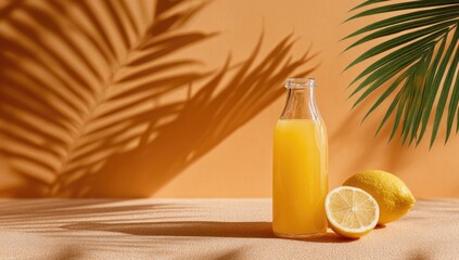 Golden citrus drink in glass bottle,  with lemon slices, and palm leaf shadow