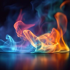 Colorful flames in slow swirling motion on a dark surface