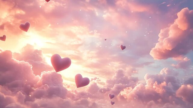 Pink hearts floating in pink clouds in the air