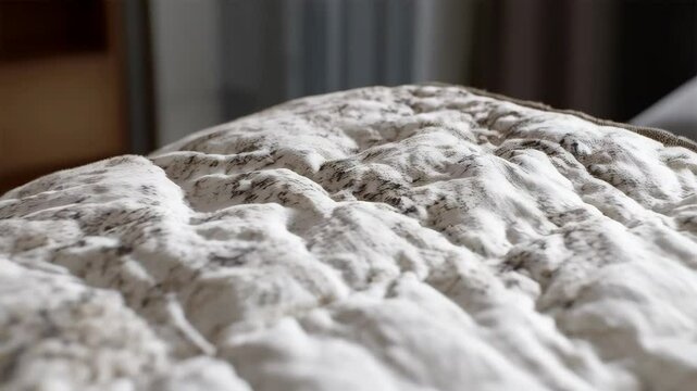 Close up shot of a plush, quilted throw blanket with soft textures and a marble-like pattern, folded neatly on a bed in an interior setting