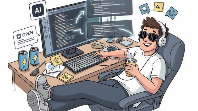 Relaxed Developer Using AI to Write Code &ndash; Vibe Coding Concept in Cartoon Style