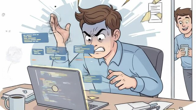 Cartoon Developer Frustrated While Reviewing Sloppy AI Code