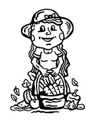 Black and white vector illustration of a girl, in a dress and hat, with a basket of fresh vegetables and fruits on a white isolated background