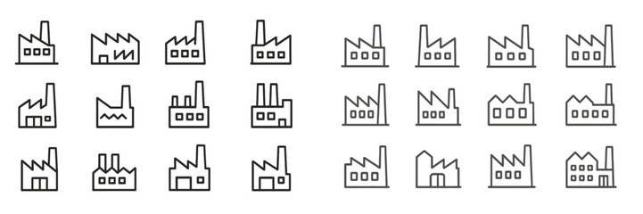 Obraz premium Collection of industrial building icons representing various factory designs and structures for commercial use