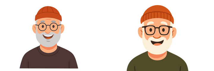 Cheerful elderly man with gray hair and glasses, wearing red beanie and sweater, smiling warmly at the viewer