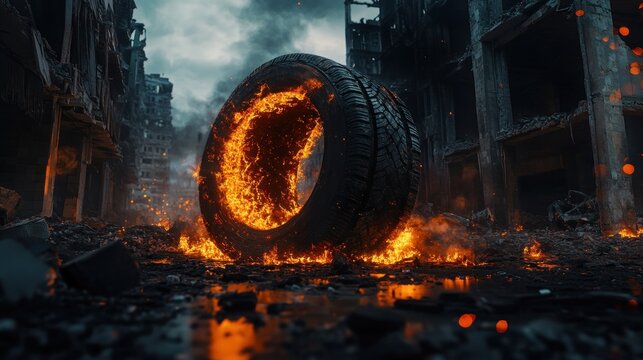 Fiery portal amidst urban ruins