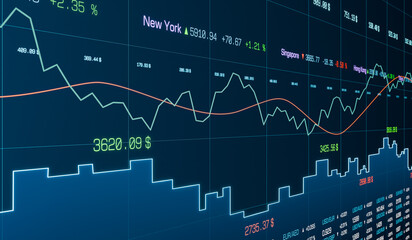Abstract stock market chart, graph and data. Business, trading, investment, growth, progress, risk, volatility, chance, price. 3D illustration