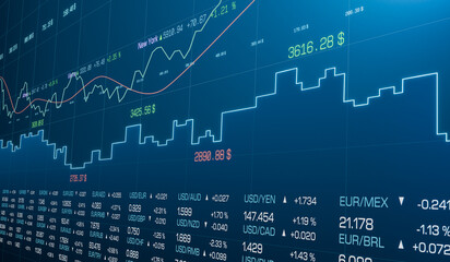 Abstract charts, graphs, lines and stock market data. Business, trading, investment, growth, progress, risk, volatility, chance, price. 3D illustration