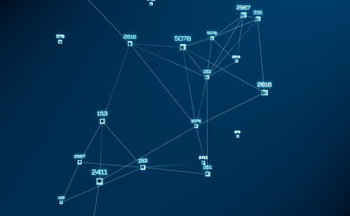 Abstract, futuristic big data visualization. Changing random numbers connected by polygons. 3D animation