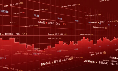 Futuristic ticker board with charts and market data in red. Stock market and exchange, risk, invest, banking, trading, volatility. 3D illustration