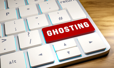 Ghosting, keyboard with a ghosting key. Close-up computer keyboard, one key is red. Internet contact or online dating contact disappears without any reason and is still visible. 3D illustration