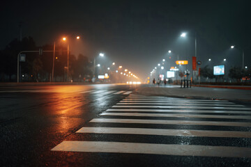 Wet city street at night, reflecting lights on asphalt and zebra crossing, creating a moody urban scene.