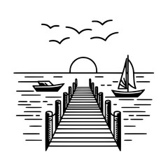 Scenic pier with boats and sunset in outline vector design  