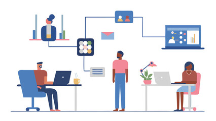 Diverse team working remotely connected by digital network in a modern office illustration style
