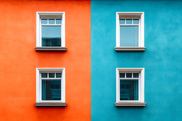 A building facade with two colors, one is terracotta and the other turquoise.