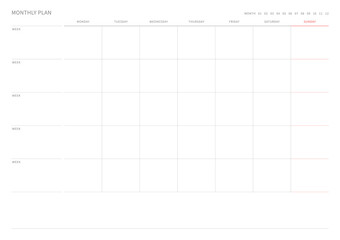 A monthly plan template with a simple and minimal style. Note, scheduler, diary, calendar planner document template illustration.