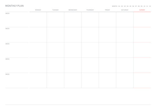 A monthly plan template with a simple and minimal style. Note, scheduler, diary, calendar planner document template illustration.