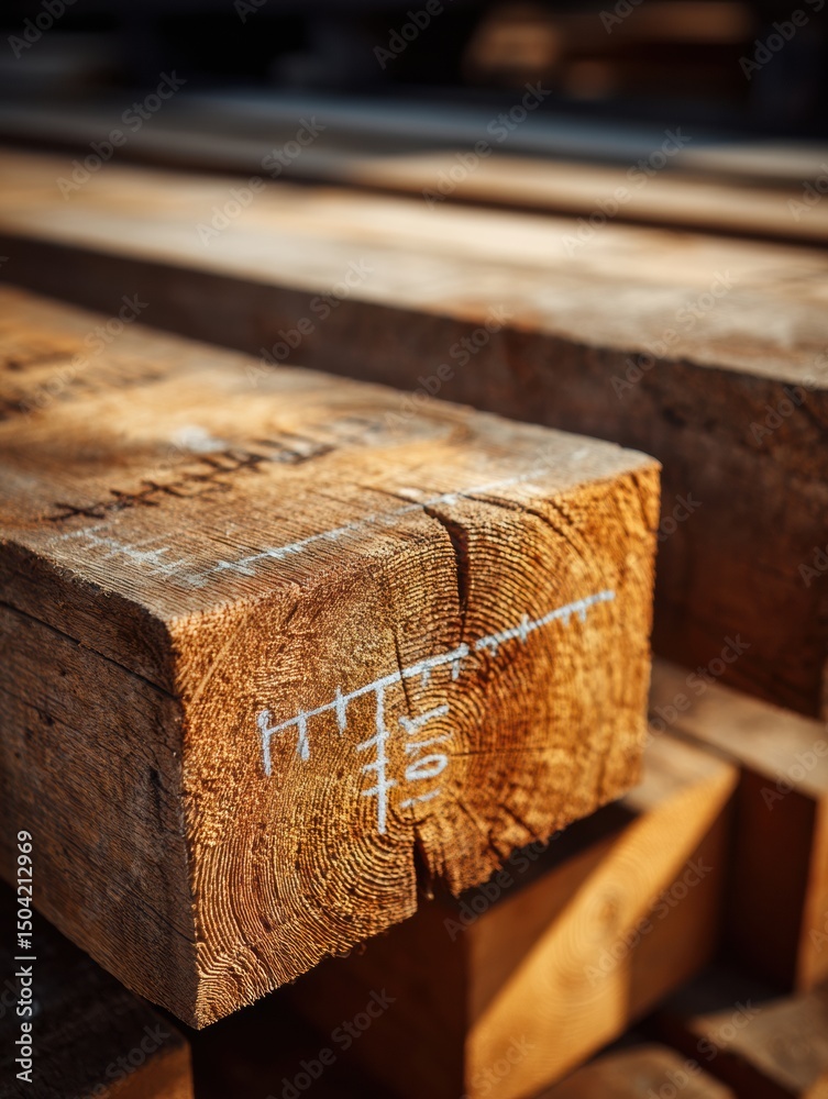 Poster Close-up of Wooden Beams With Measurement Lines Revealing Craftsmanship and Precision in a Construction Environment